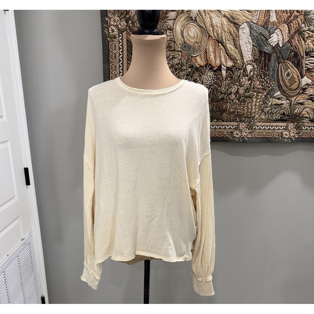 We The Free Shirt Womens Small White Crew Neck‎ Balloon Sleeve Hem Split Relaxed